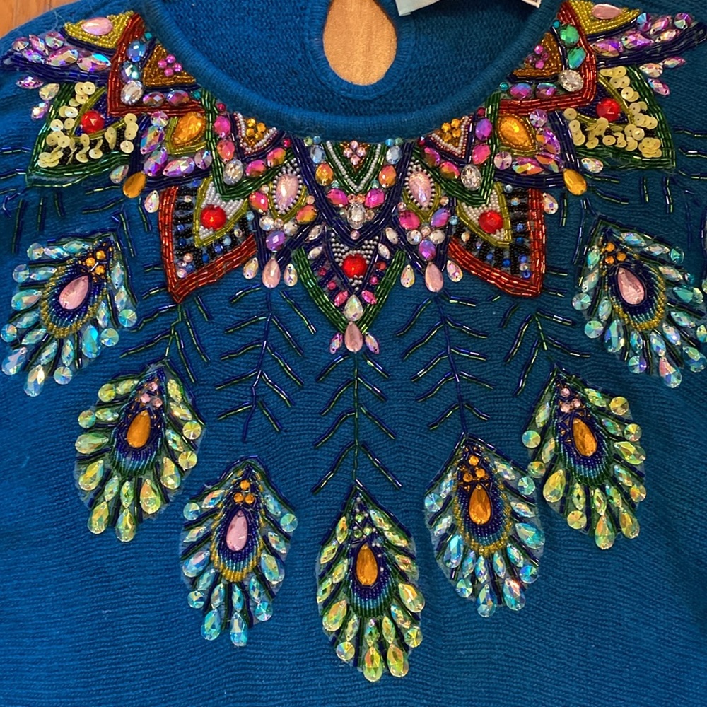 Vintage Super Sparkly Rhinestone Peacock Embroidery Crystal Teal Sweater